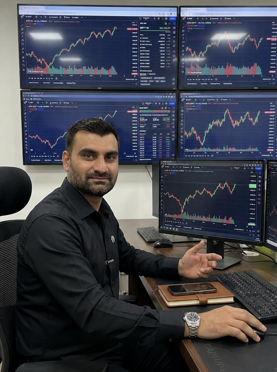 Kapil Verma seated at his desk in front of multiple screens showing market charts