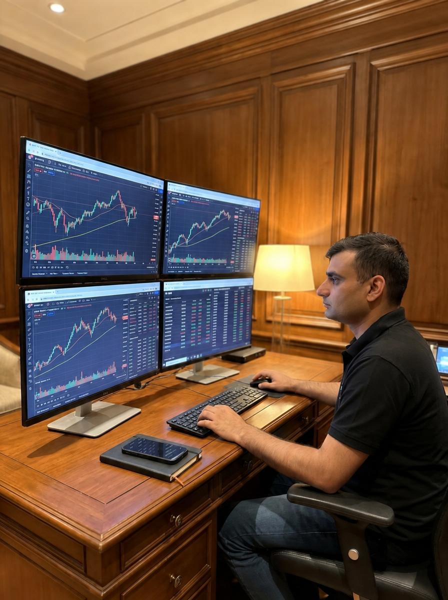 Kapil Verma reviewing candlestick charts and market depth across four screens